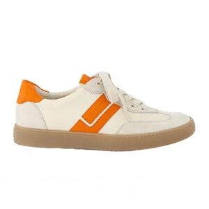 Leather Sneaker. Color: Cream/Orange combo
